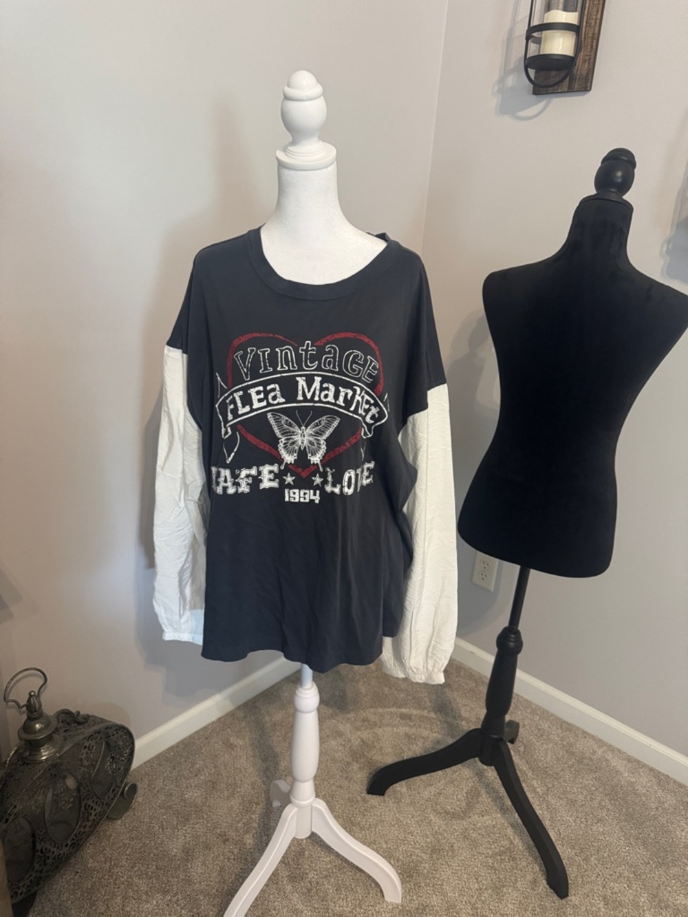 Pilcro Black Tee with White Long Sleeves and Vintage Flea Market Graphic